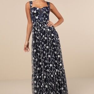 Gala Invite Navy Blue Embroidered Tulle Bustier Maxi Dress